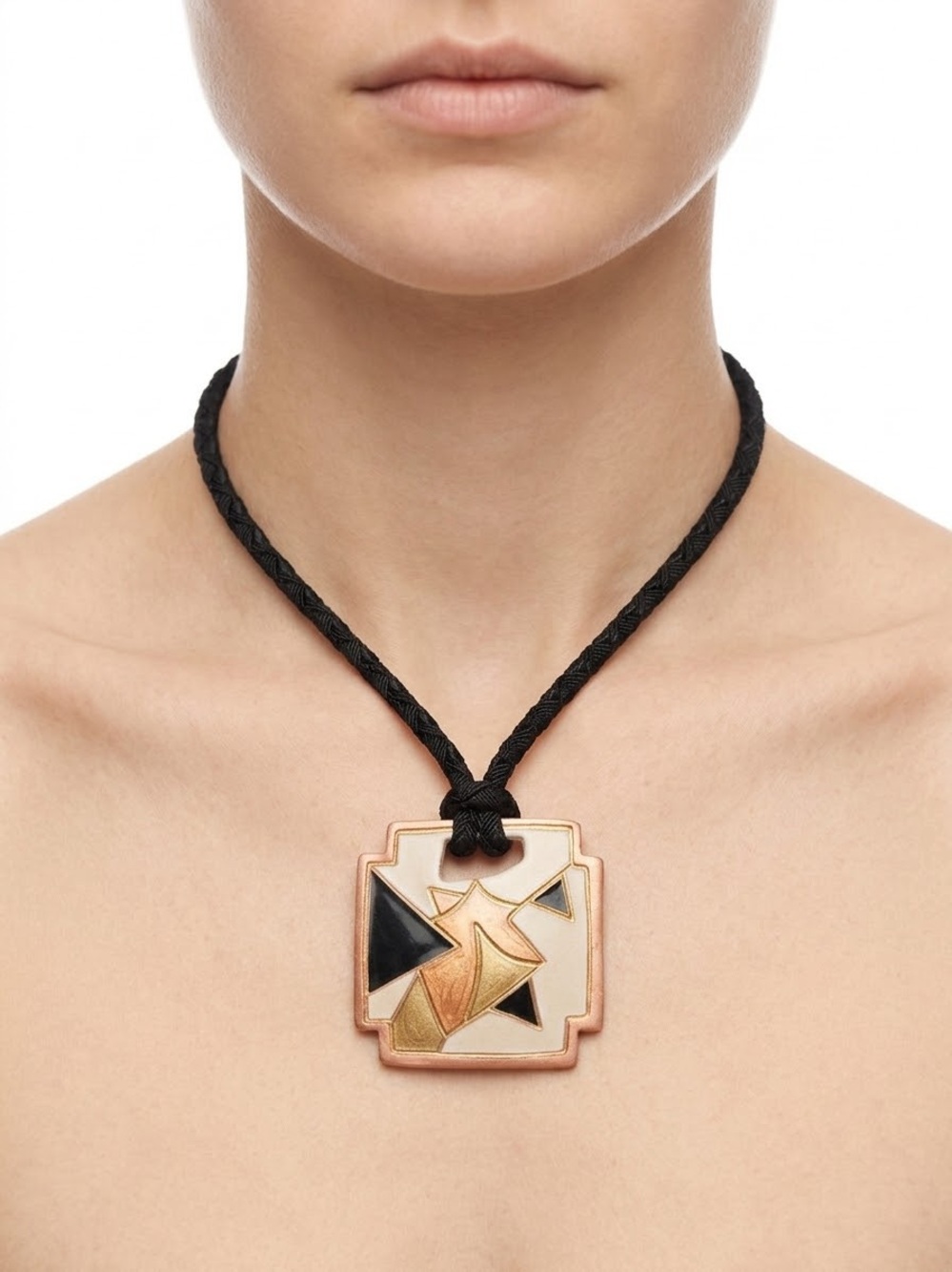Vintage Joanna B Black Cord Necklace with Geometric Gold & Black Pendant